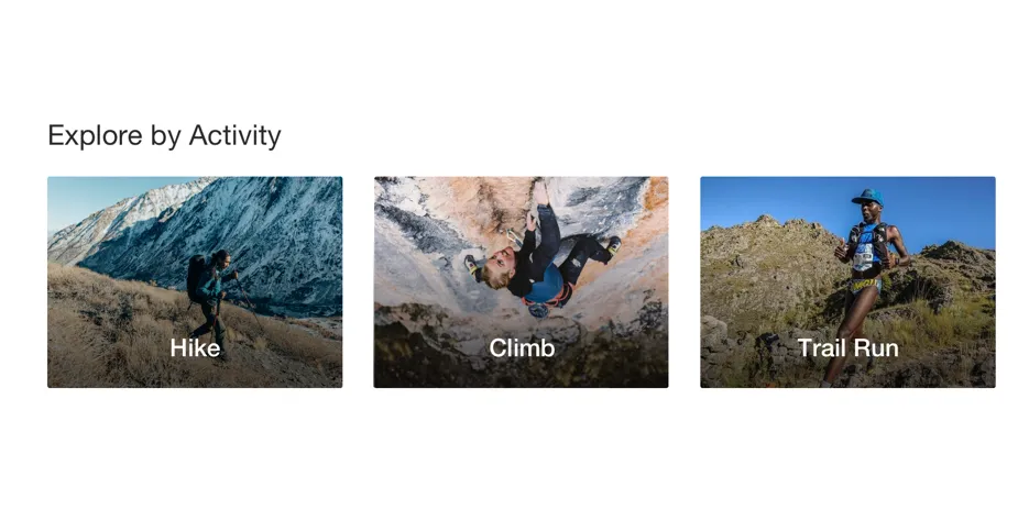 The Explore by Activity row: photo tiles for Hike, Climb and Trail Run.