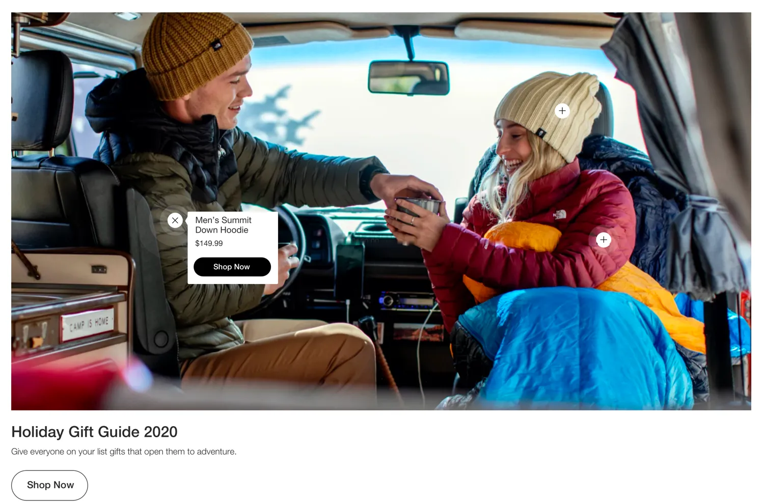 A lifestyle photo in a van with an open hotspot card: Men’s Summit Down Hoodie, $149.99, Shop Now.
