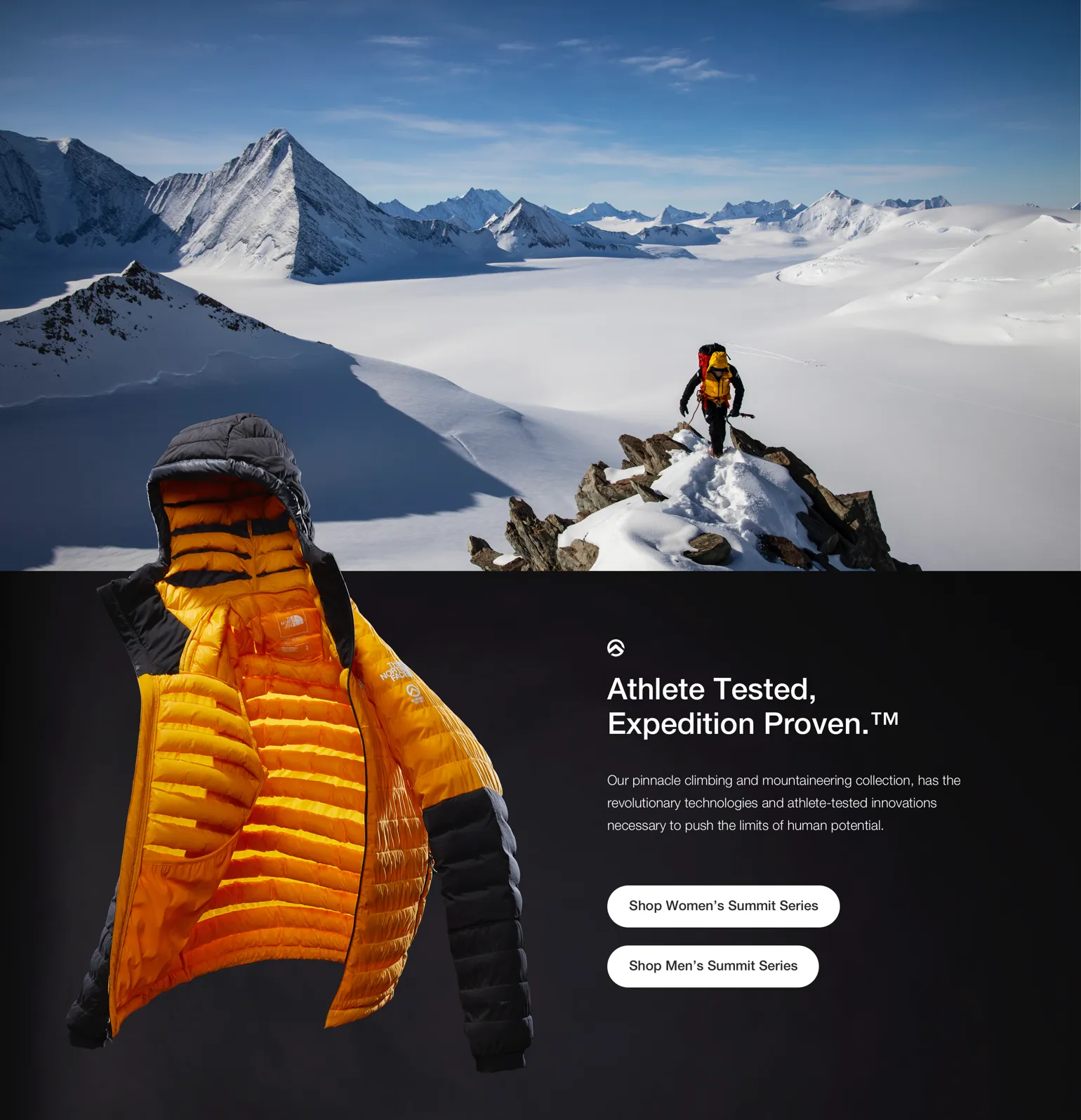 An immersive product block: a climber on a snowy ridge above a cut-out orange Summit Series down jacket, with the headline Athlete Tested, Expedition Proven and two pill buttons.