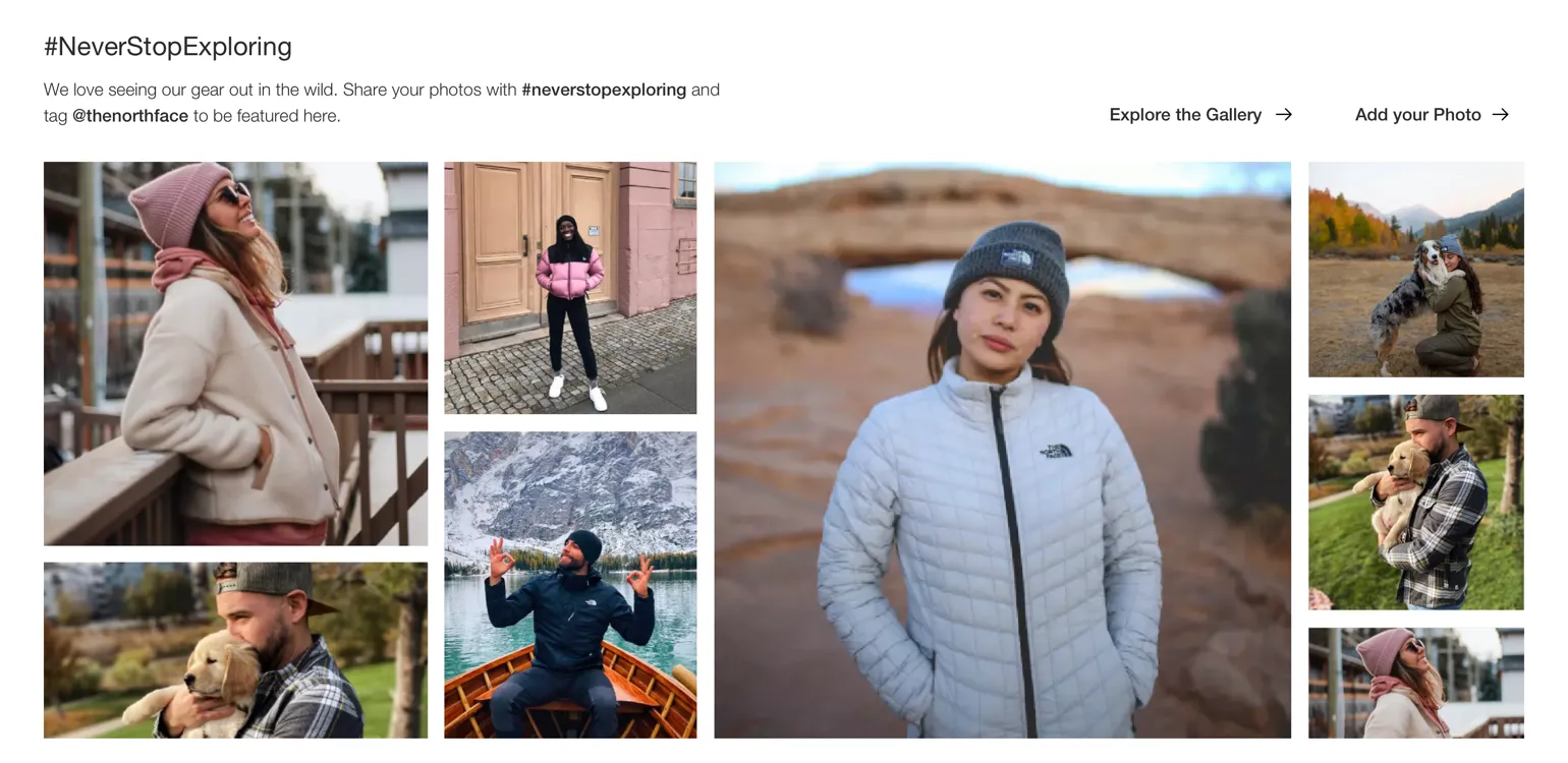 The #NeverStopExploring block: a grid of customer photos in The North Face gear, with links to explore the gallery and add a photo.