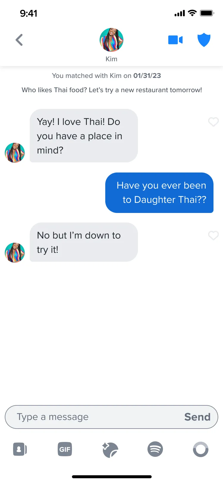 A chat with Kim. At the top: You matched with Kim, above the original date idea, Who likes Thai food? Let’s try a new restaurant tomorrow! Then messages about where to go.