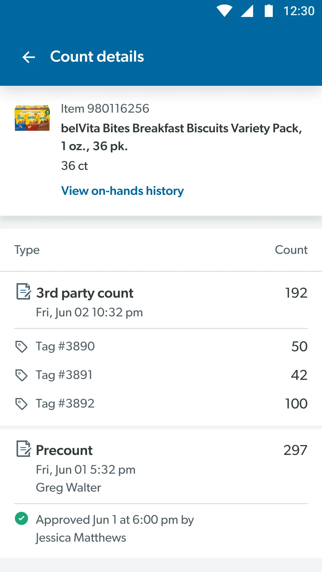 Count details for a belVita item: 3rd-party count of 192, split across Tag 3890, 3891 and 3892, above the associate precount of 297 by Greg Walter, approved by Jessica Matthews.