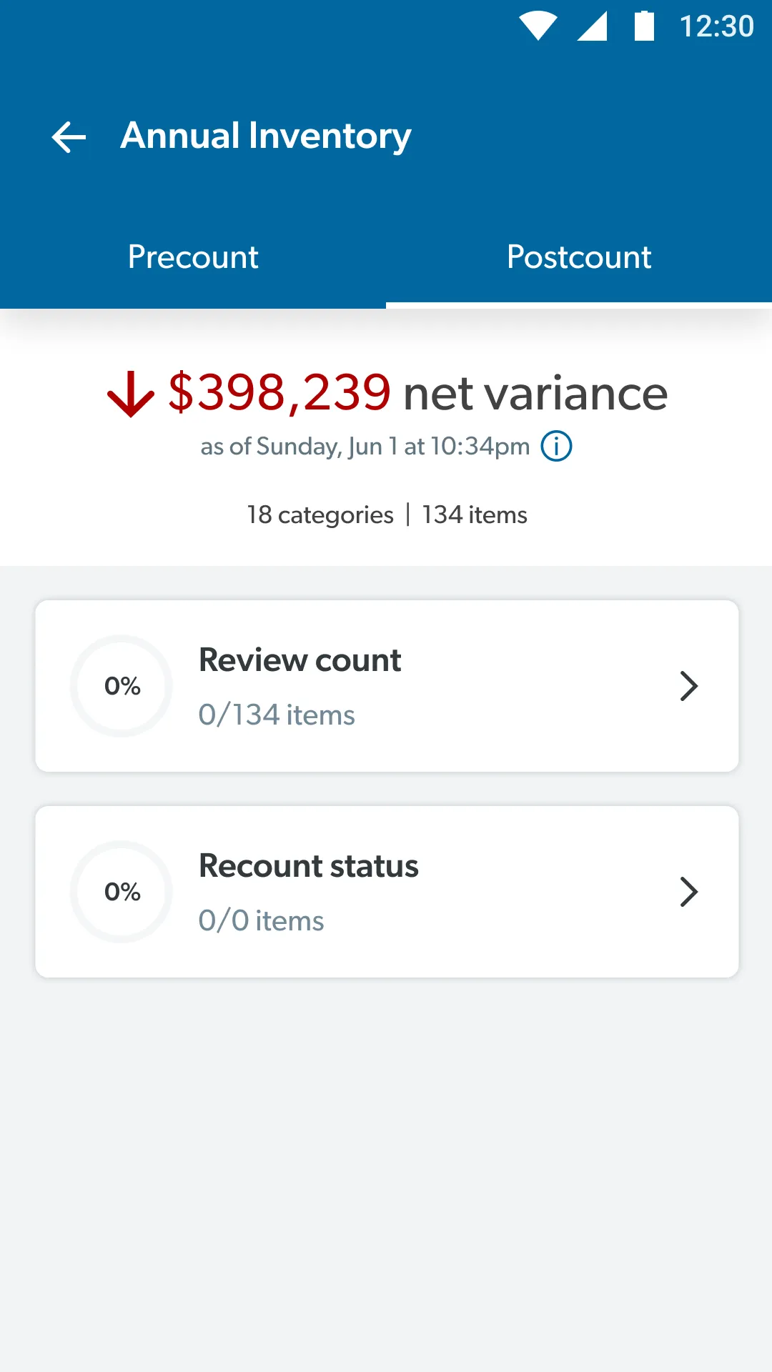 Version 1 dashboard: net variance of $398,239, with two buttons below, Review count and Recount status, each at 0%.