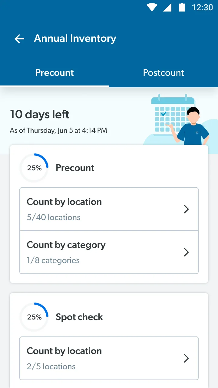 Annual Inventory dashboard: 10 days left, with precount, spot check and finalize progress.
