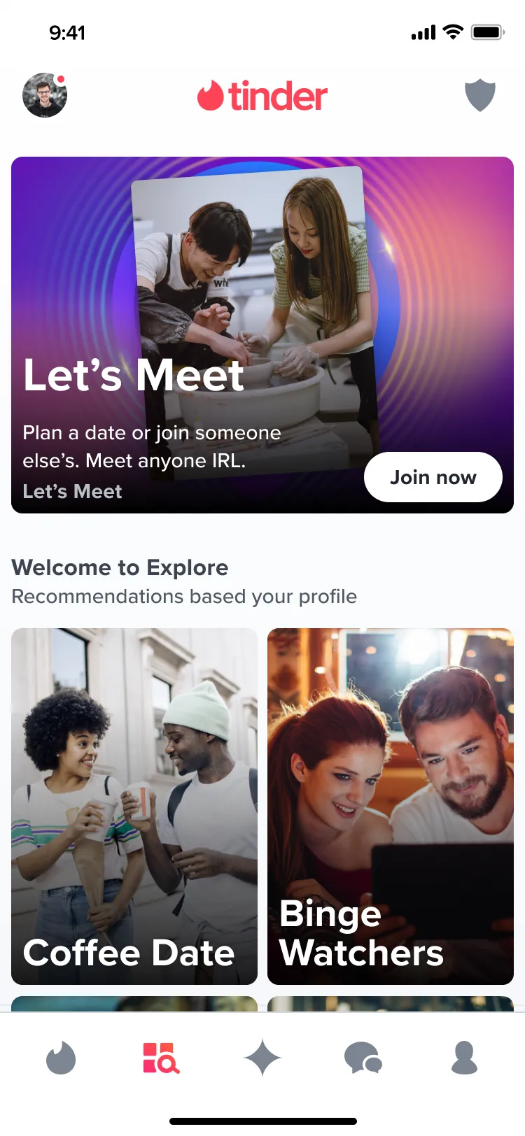 Explore tab with a large Let’s Meet tile at the top: Plan a date or join someone else’s. Meet anyone IRL. Join now.