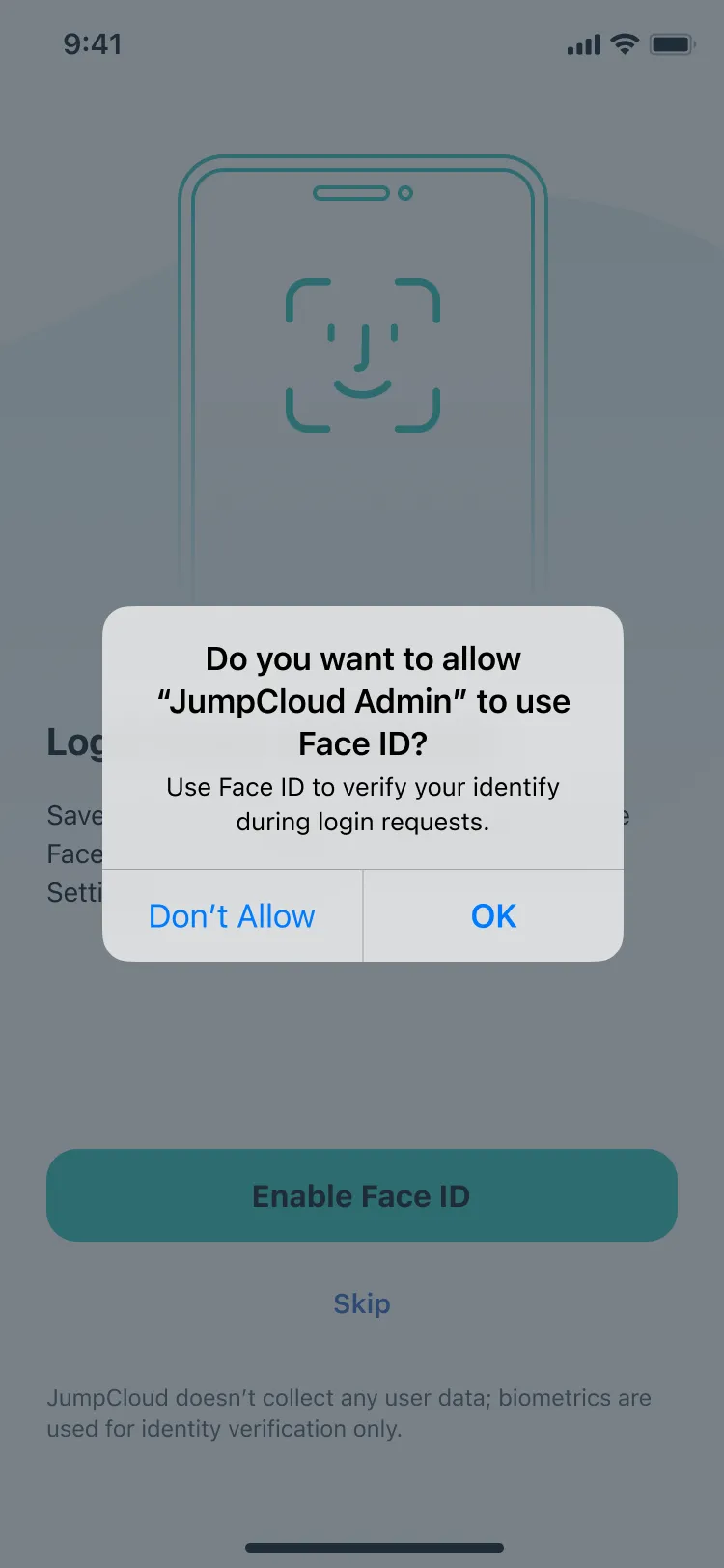 The system prompt: Do you want to allow JumpCloud Admin to use Face ID? with Don’t Allow and OK, over an Enable Face ID screen.
