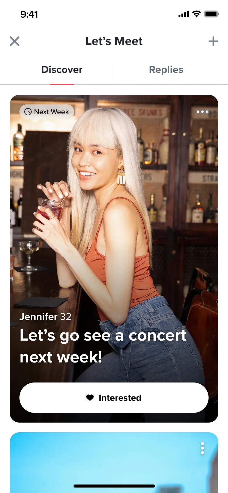 The Let’s Meet Discover feed: a post from Jennifer, 32, reading Let’s go see a concert next week, tagged Next Week, with an Interested button.
