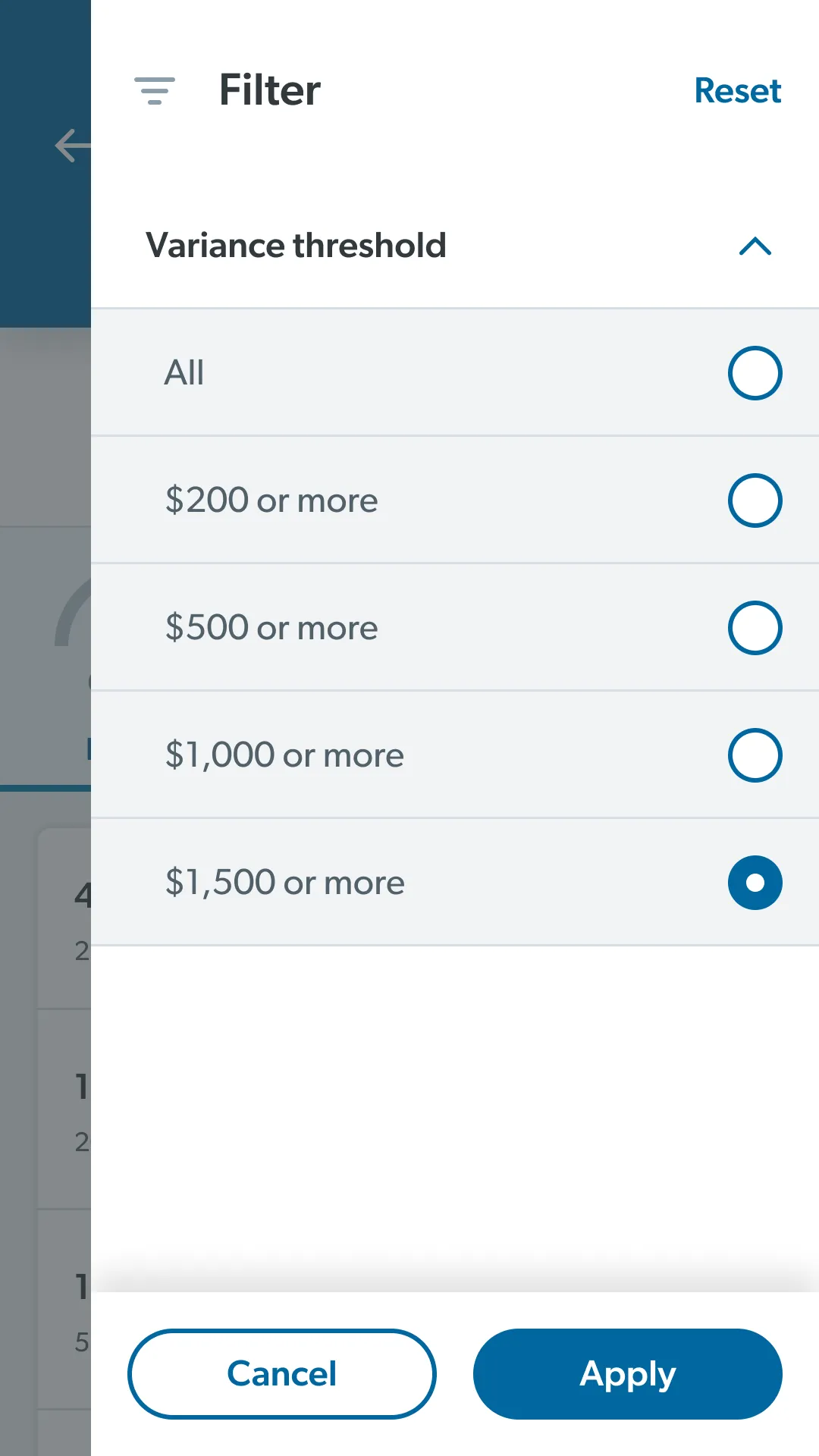 Filter sheet: variance threshold options All, $200, $500, $1,000 and $1,500 or more, with $1,500 selected.