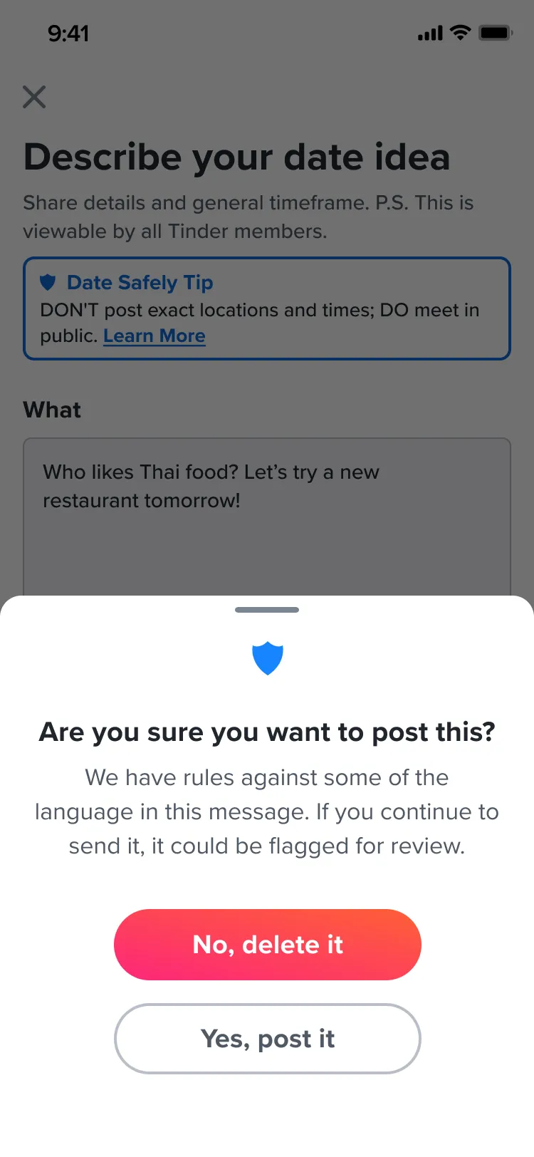 A sheet over the post screen: Are you sure you want to post this? We have rules against some of the language in this message. If you continue to send it, it could be flagged for review. No, delete it, or Yes, post it.