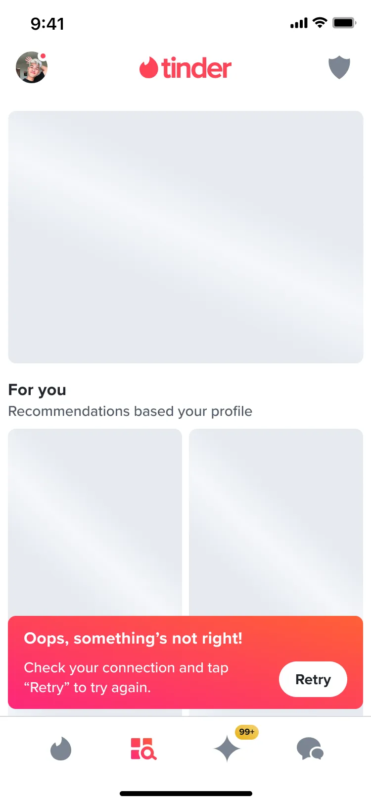 Explore with an error banner in English: Oops, something’s not right! Check your connection and tap Retry to try again.