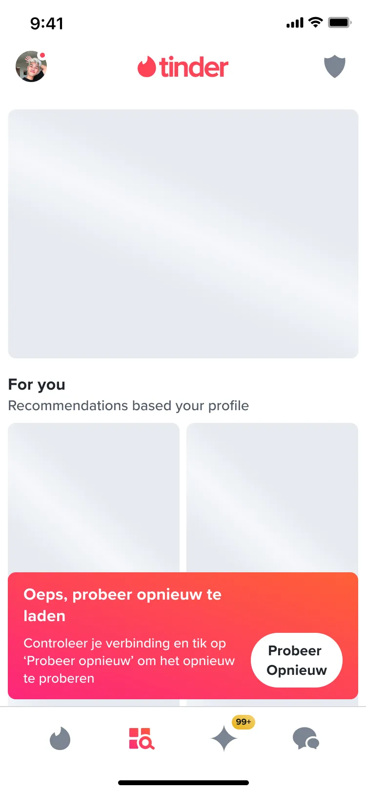 The same error banner in Dutch, with a longer title and a two-line Probeer Opnieuw button.
