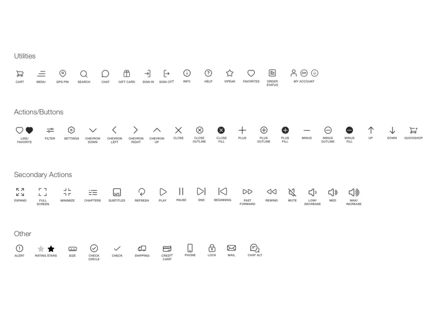 The new outlined icon suite, grouped into utilities, actions, secondary actions and other icons, from cart and menu to play, mute and chat.