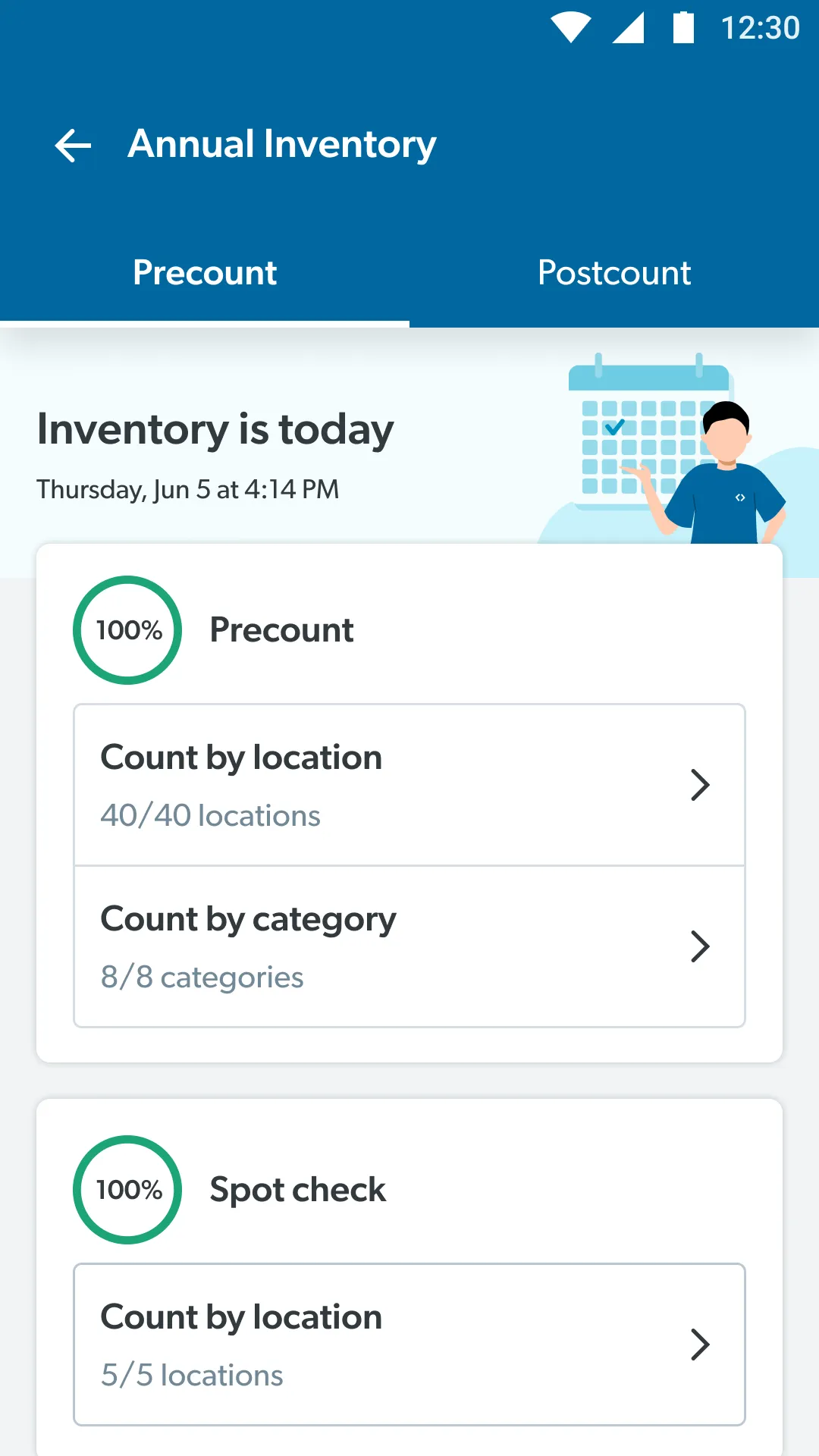 Associate dashboard on inventory day: precount 100% complete, 40 of 40 locations and 8 of 8 categories, and spot check 100% complete.