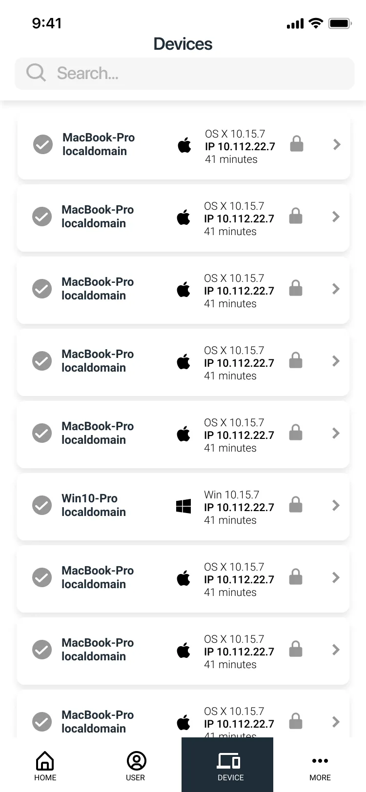 Lo-fi Devices tab: a list of MacBook Pro and Windows 10 devices with OS version, IP address and last seen time.