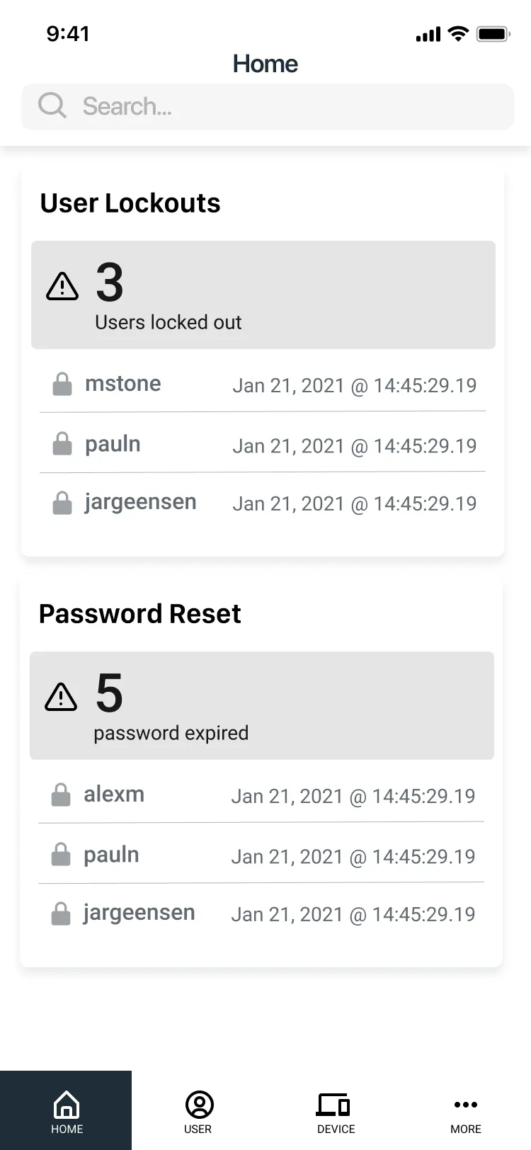 Lo-fi Home tab: a User Lockouts card with 3 users locked out and a Password Reset card with 5 expired passwords, each listing usernames and timestamps.