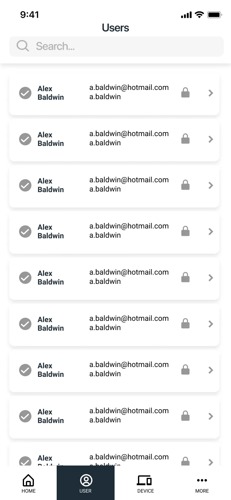 Lo-fi Users tab: a searchable list of user cards with names, emails, usernames and lock icons.