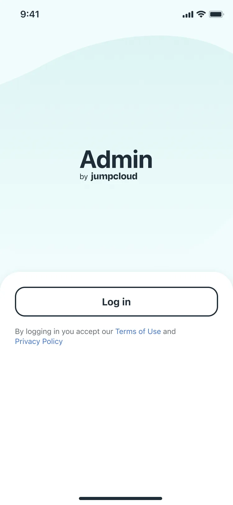 The login screen: Admin by JumpCloud over soft teal cloud shapes, a Log in button, and links to the Terms of Use and Privacy Policy.