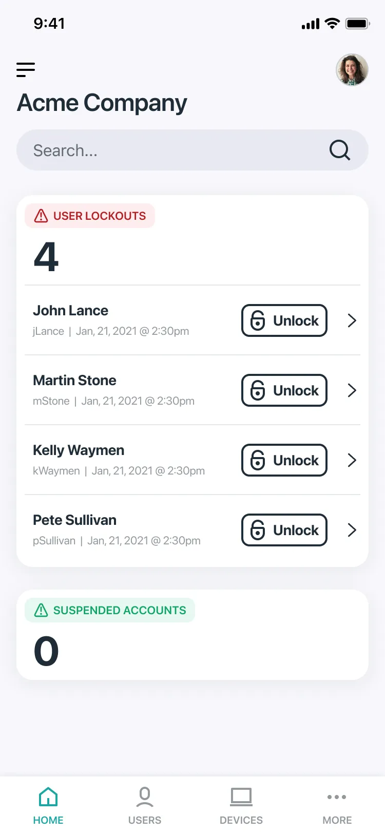A v2 home screen for Acme Company: a User Lockouts card with a count of 4 and four people, each with an Unlock button, then Suspended Accounts, 0.
