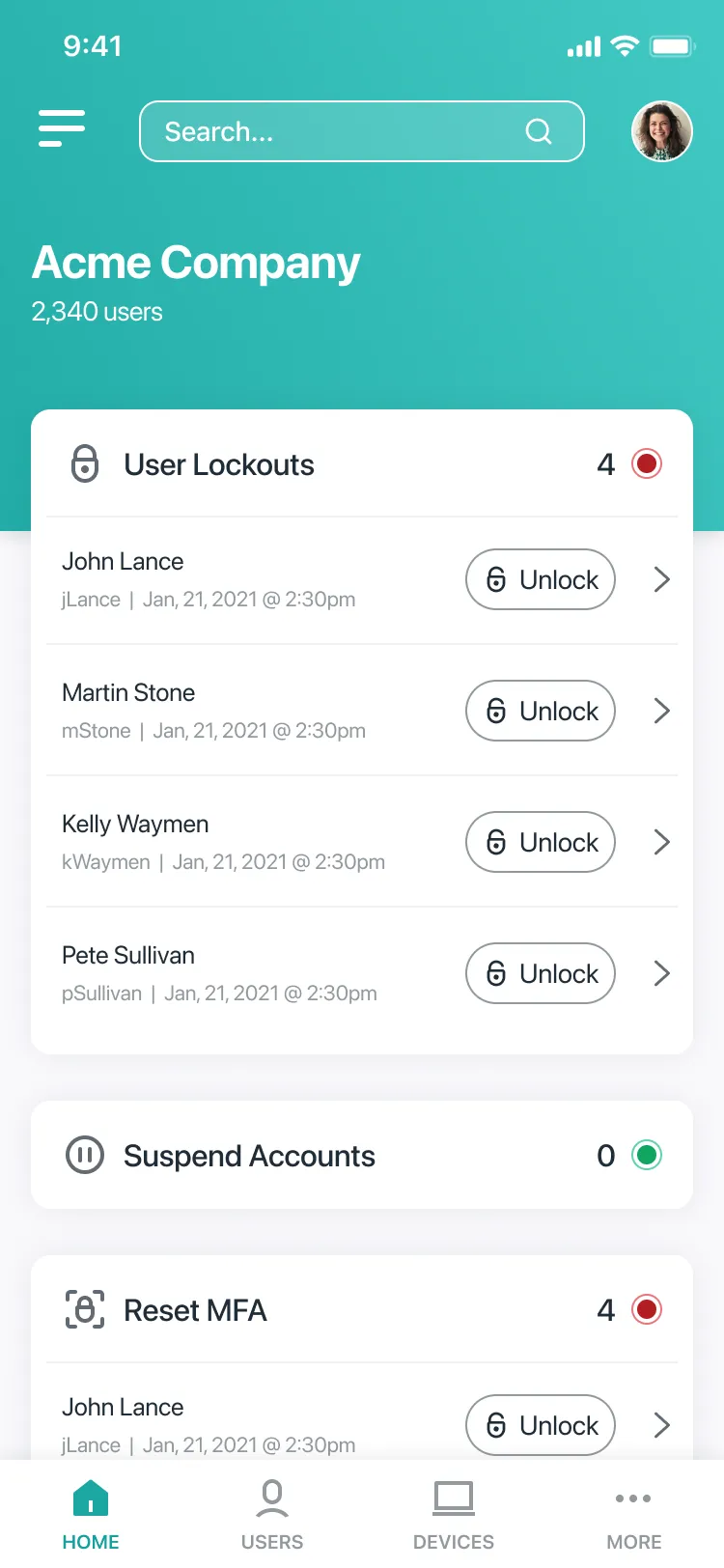 A v3 home screen: Acme Company and 2,340 users on a teal header, then a User Lockouts card with four people and Unlock buttons, Suspend Accounts and Reset MFA.