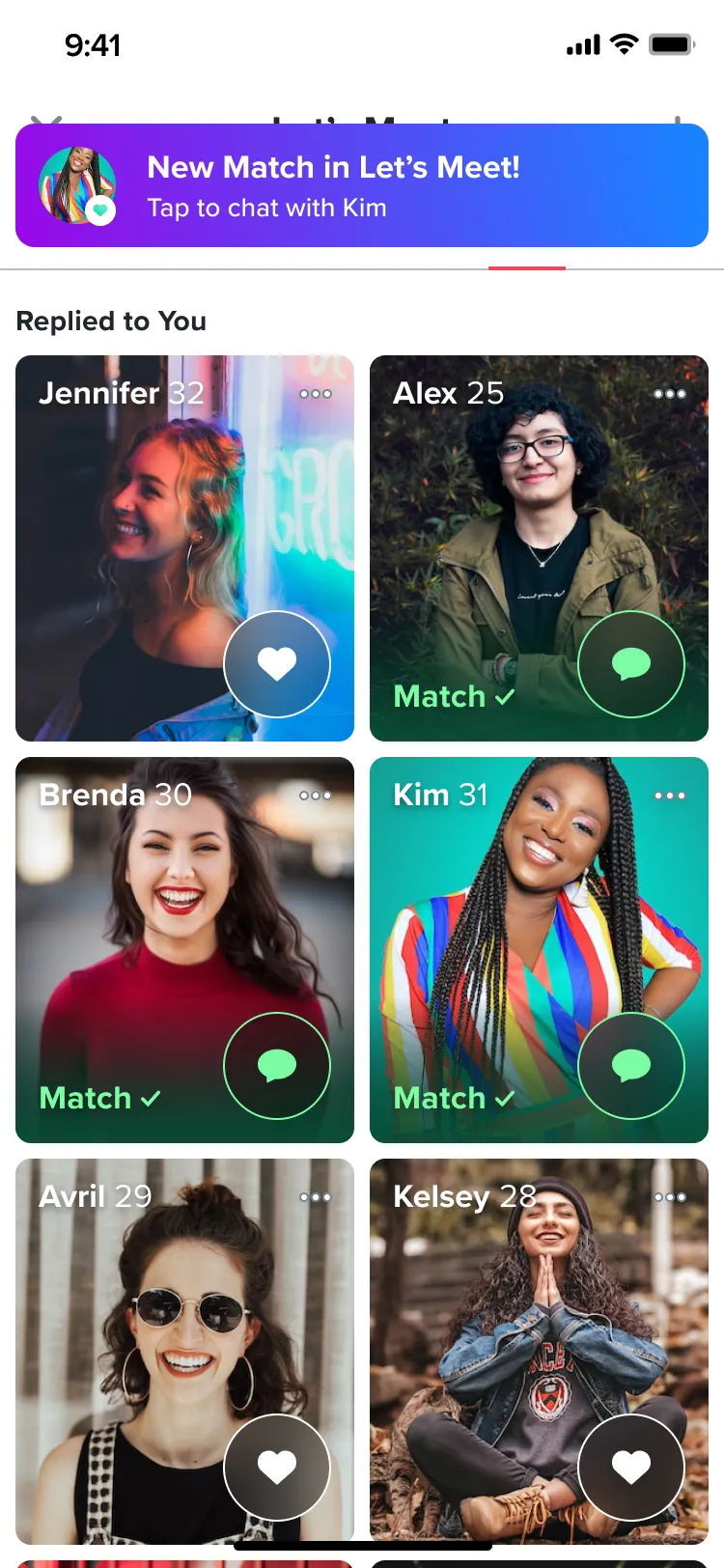 The Replies tab with a banner at the top: New Match in Let’s Meet! Tap to chat with Kim.