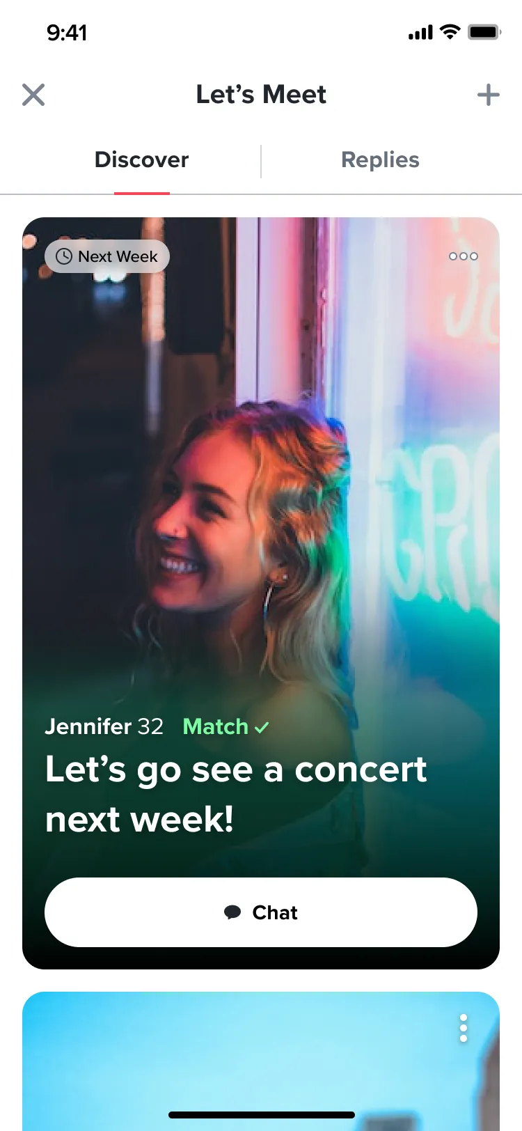 A post from someone already matched, labeled Match, with a Chat button in place of Interested.