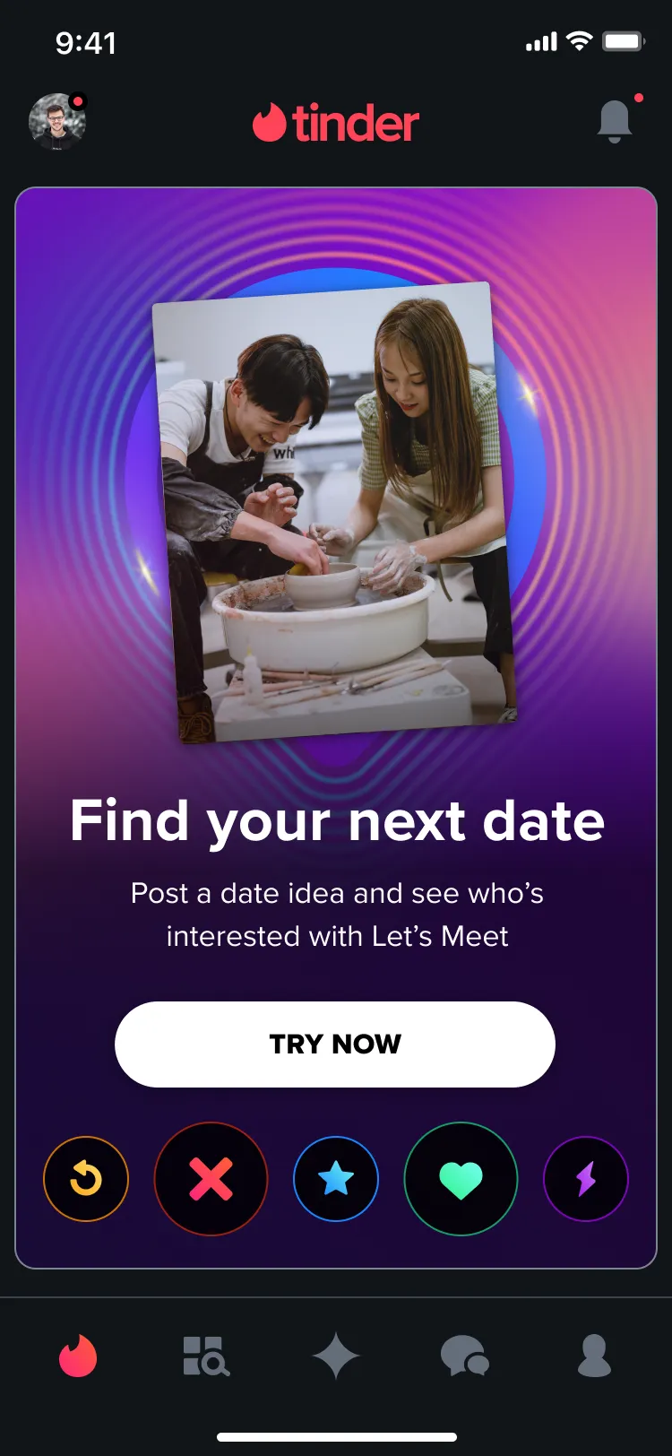 Let’s Meet promo card in the Tinder swipe deck, in dark mode: “Find your next date. Post a date idea and see who’s interested with Let’s Meet,” with a Try Now button.