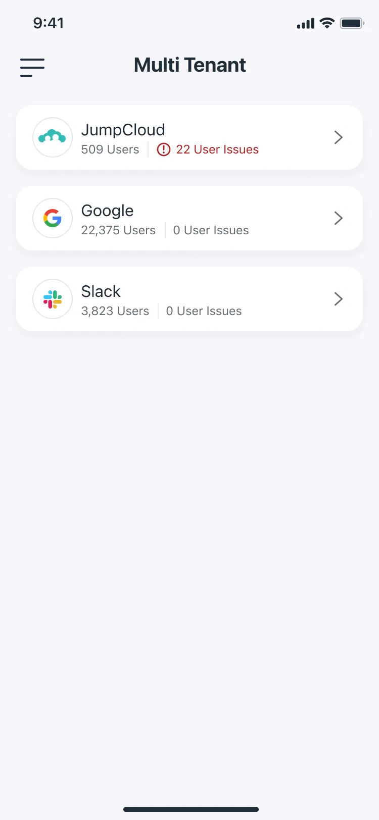 The Multi Tenant list: JumpCloud with 509 users and 22 user issues in red, Google with 22,375 users and Slack with 3,823 users, both with 0 issues.