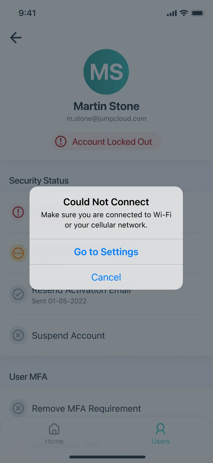 A Could Not Connect alert over a user profile: Make sure you are connected to Wi-Fi or your cellular network, with Go to Settings and Cancel.