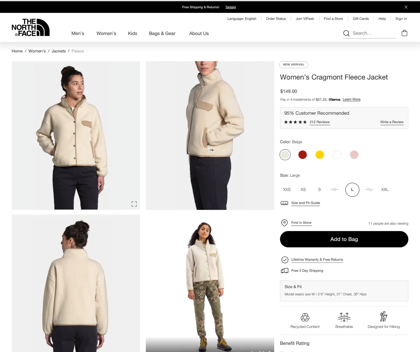 The redesigned product page: Women’s Cragmont Fleece Jacket in sentence case, $149.00, a boxed 95% Customer Recommended rating, color and size pickers and a black Add to Bag button.
