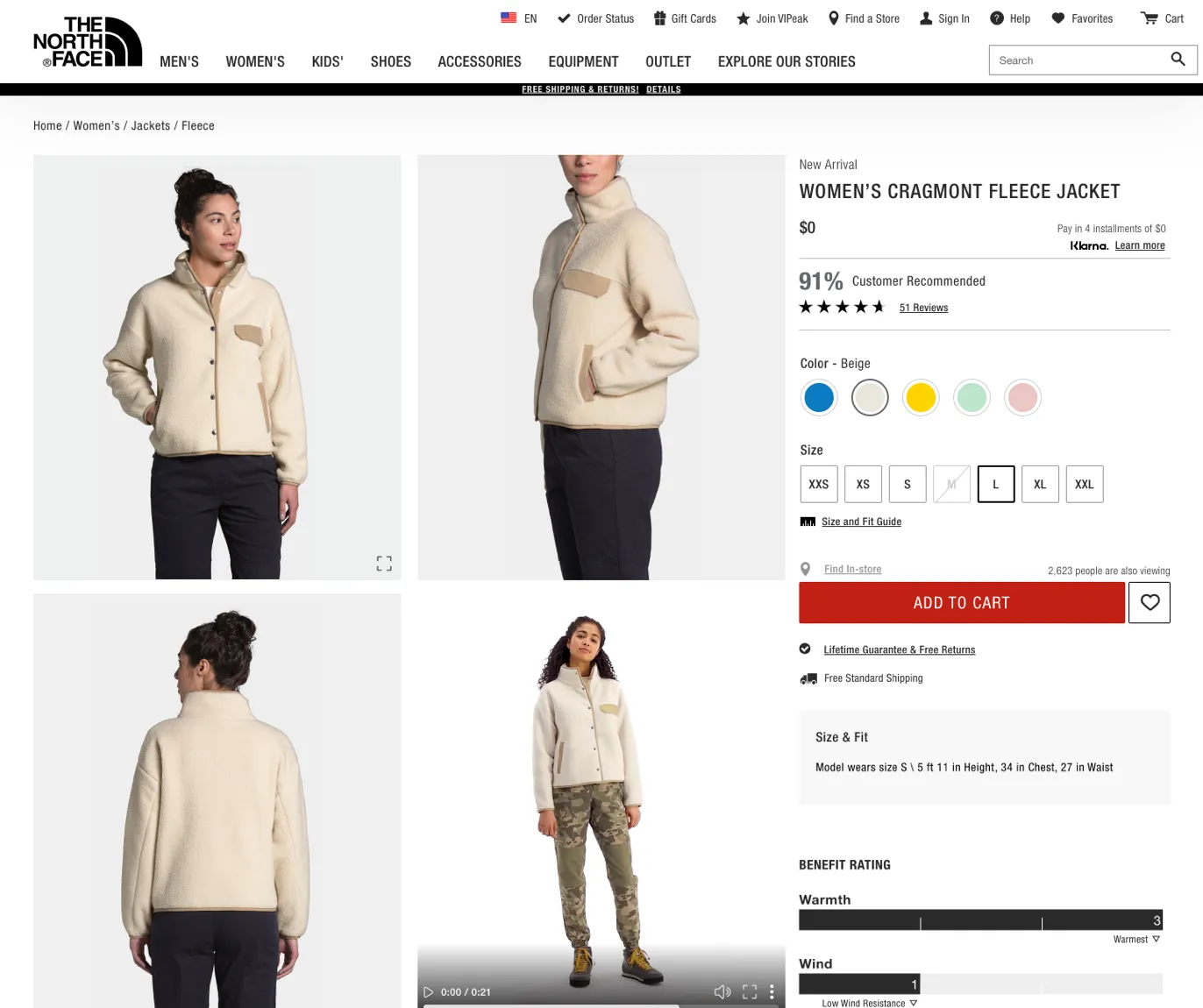 The product page before the redesign: a Women’s Cragmont Fleece Jacket with an all-caps title, a red all-caps Add to Cart button and dense black navigation.