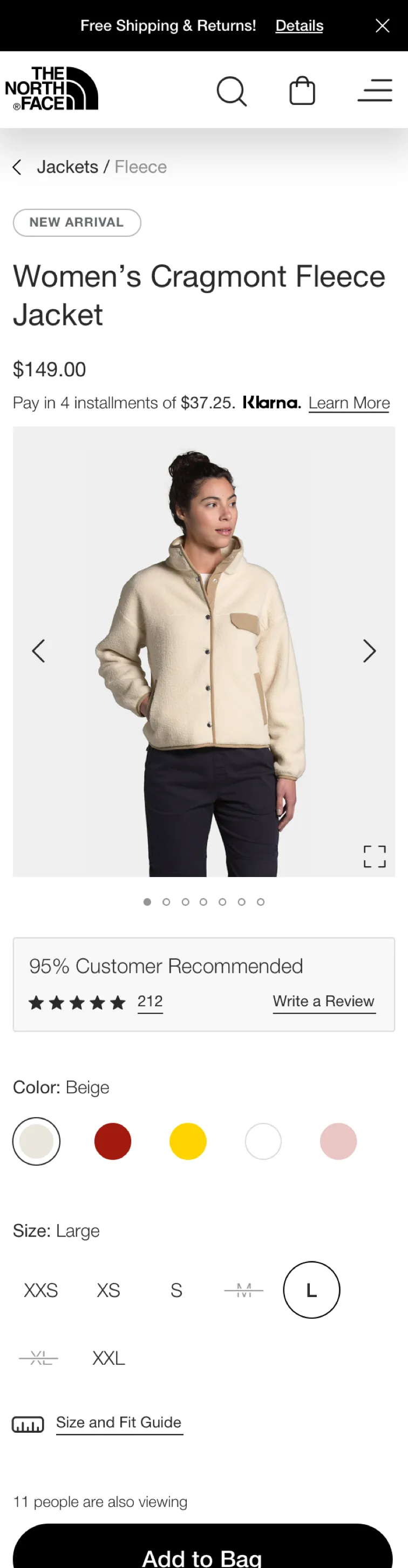 The redesigned mobile product page: Women’s Cragmont Fleece Jacket in sentence case, a New Arrival tag, $149.00, a boxed rating and a black Add to Bag button.