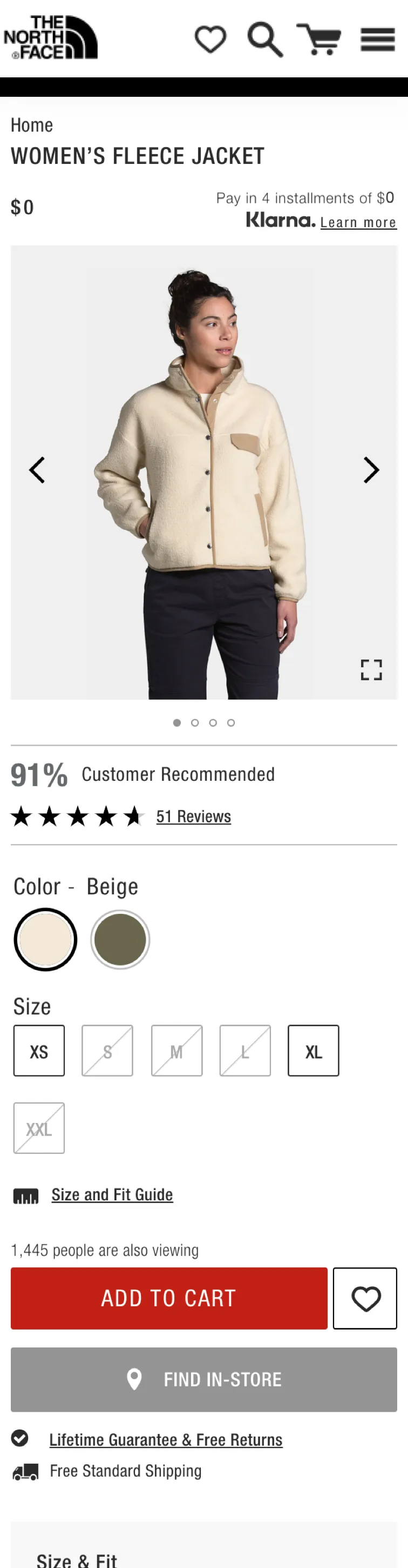 The old mobile product page: an all-caps title, a price of $0, a 91% Customer Recommended rating and a red all-caps Add to Cart button.