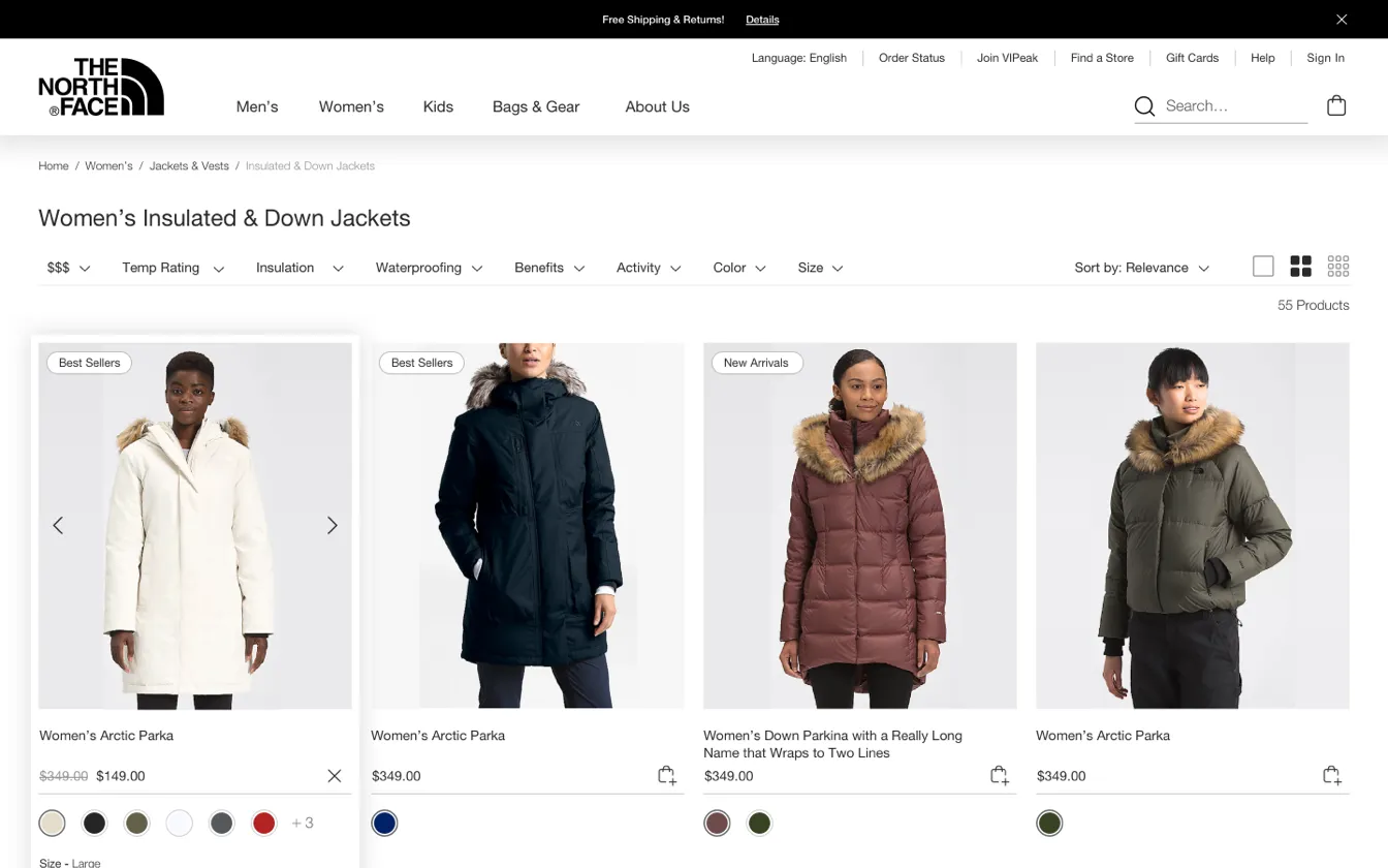 Redesigned product listing: Women’s Insulated & Down Jackets with filters and a grid of parkas.