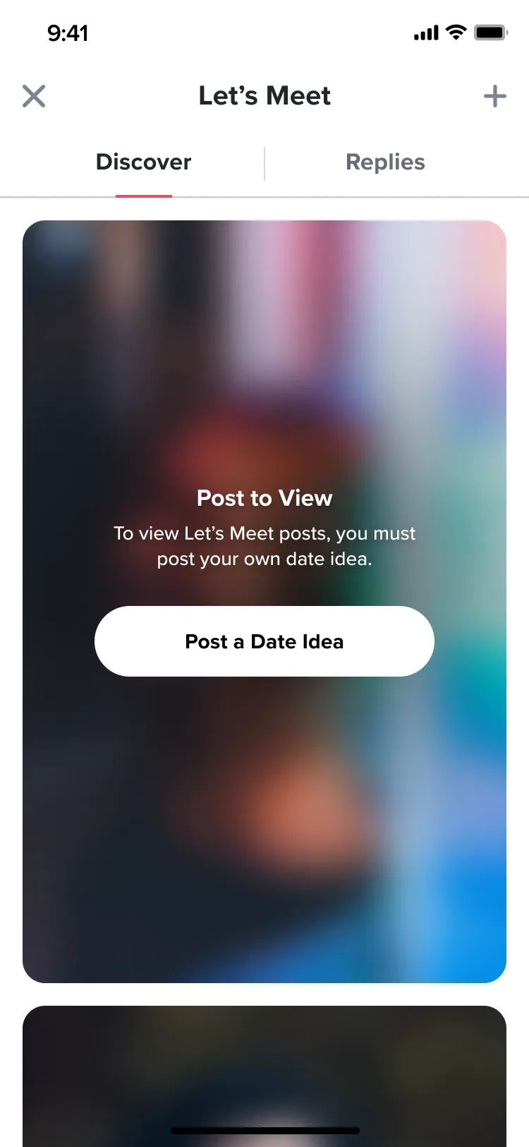 The Let’s Meet feed blurred out behind a card: Post to View. To view Let’s Meet posts, you must post your own date idea. Post a Date Idea.