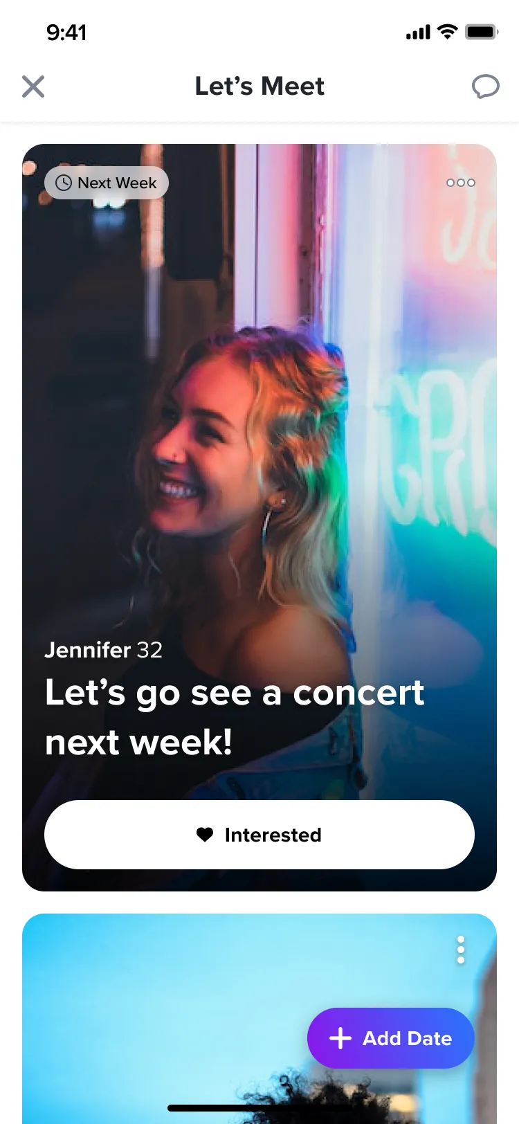 The feed with a purple floating Add Date button in the bottom corner.