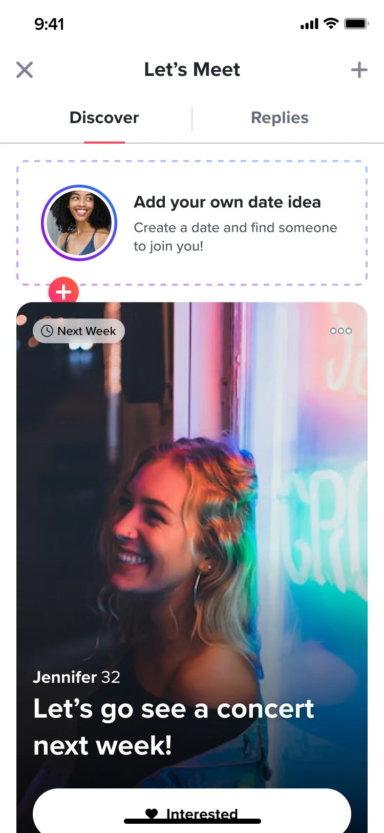 The top of the feed with a dashed card: Add your own date idea. Create a date and find someone to join you!