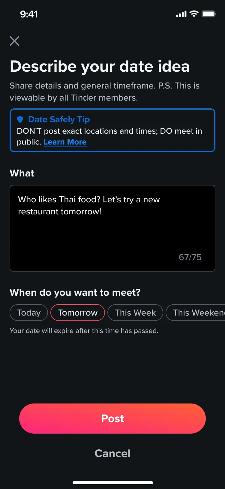 Let’s Meet post screen in dark mode: a date idea for Thai food tomorrow, with a Date Safely tip and when-to-meet chips.