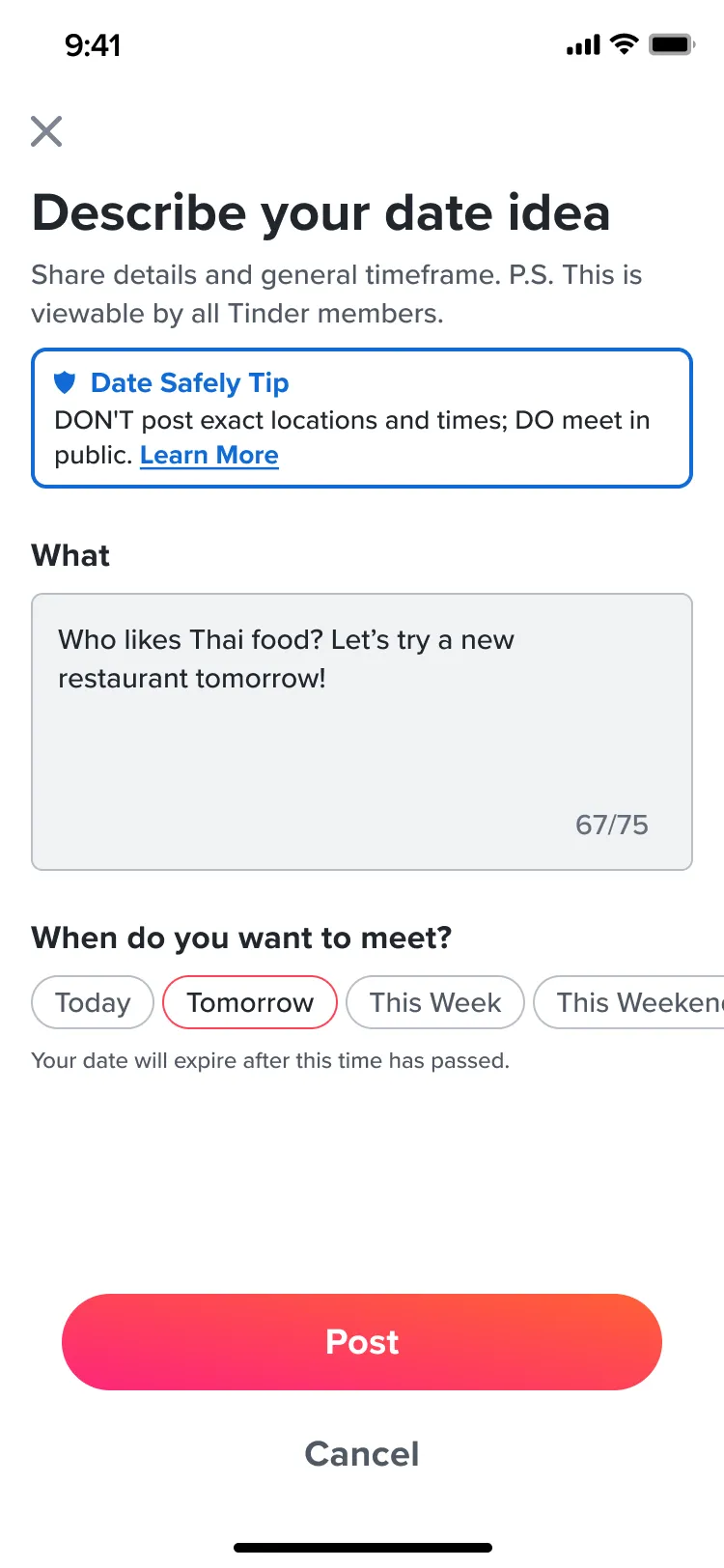 Describe your date idea screen: a Date Safely tip, the idea Who likes Thai food? Let’s try a new restaurant tomorrow! at 67 of 75 characters, and Tomorrow selected as the timeframe.