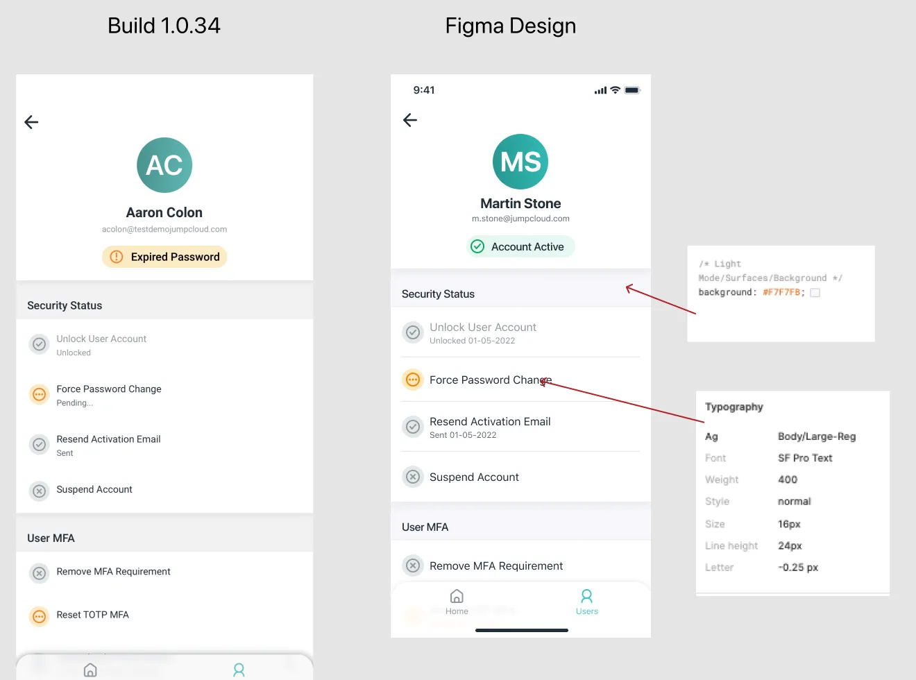 UX QA: the user details screen from a dev build beside the Figma design, with notes on the background color and the body type spec, SF Pro Text at 16px.