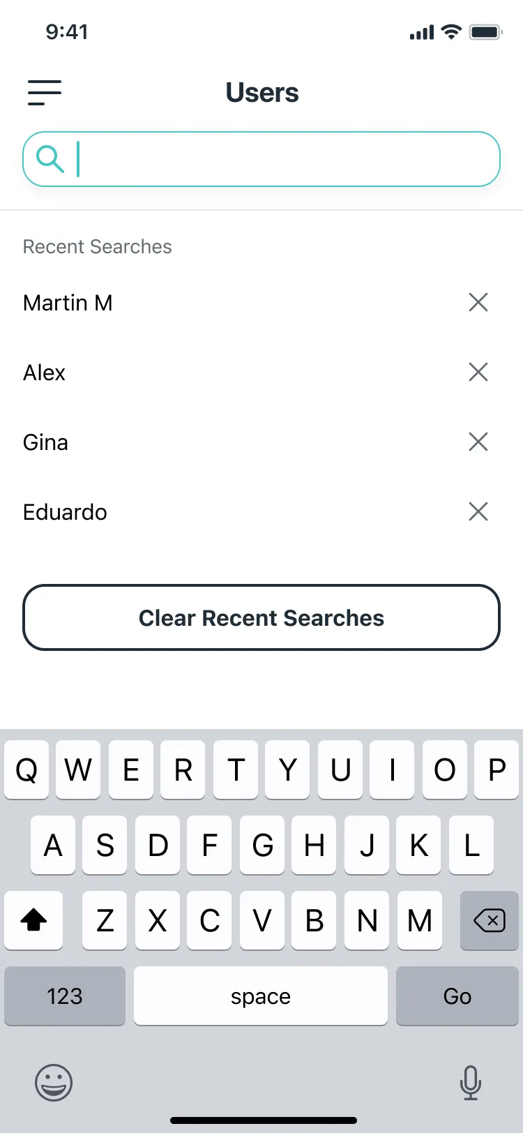 Tapping into search on the Users tab: Recent Searches for Martin M, Alex, Gina and Eduardo, each with an X to remove it, and a Clear Recent Searches button above the keyboard.