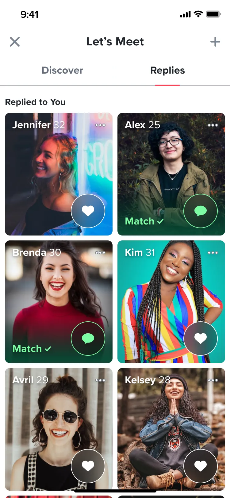 The Replies tab: a grid of people who replied to you, each with a heart button, and two already marked Match with a chat button.