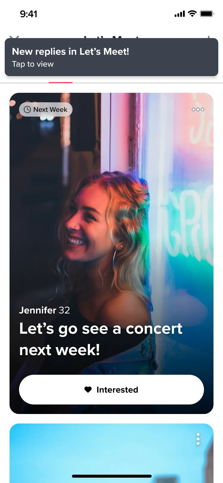 A banner at the top of the feed: New replies in Let’s Meet! Tap to view.