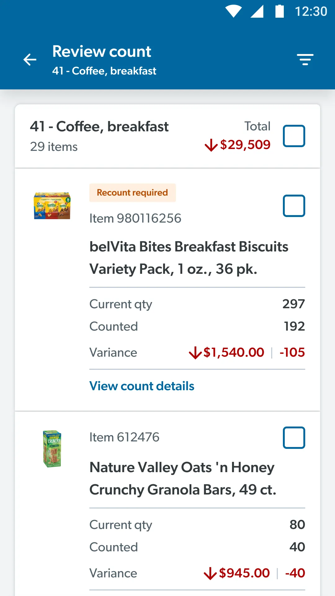 Review count for Coffee and breakfast: total variance down $29,509 across 29 items, with a belVita item flagged Recount required.