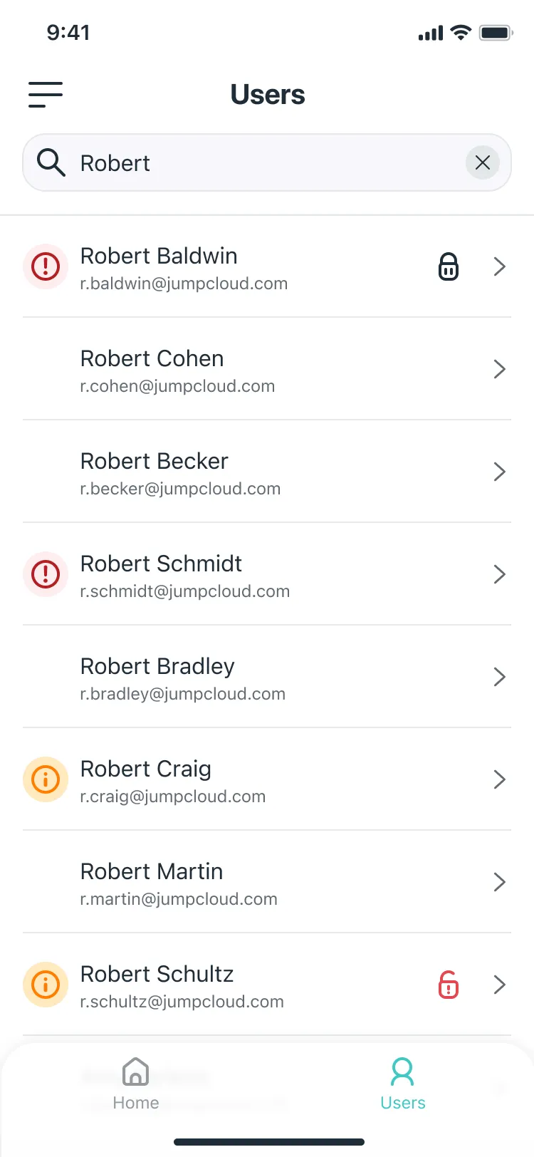 JumpCloud Admin user search for Robert: results with locked-out and expired-password status icons.