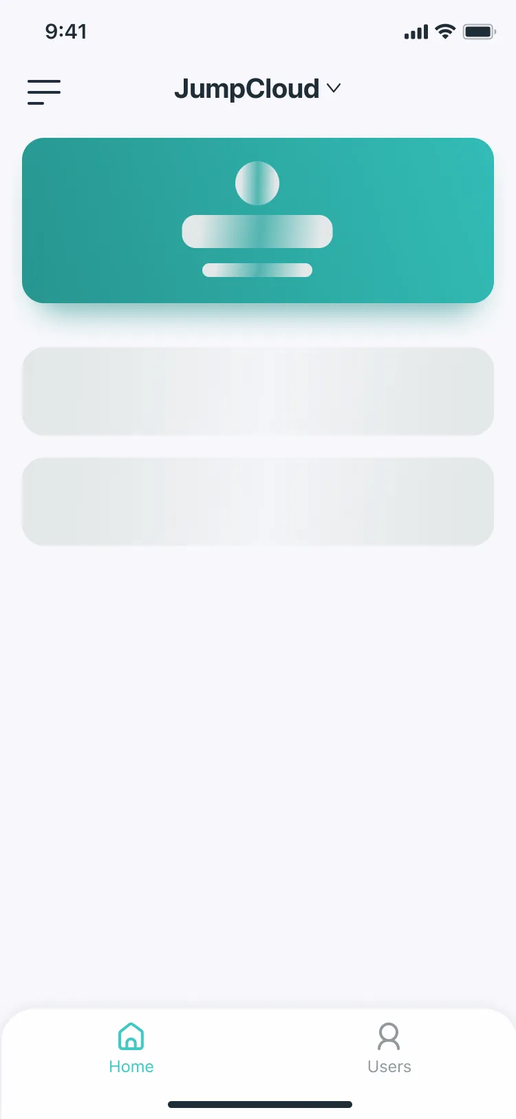 The dashboard loading: the teal total users card and two alert cards shown as shimmering placeholders.