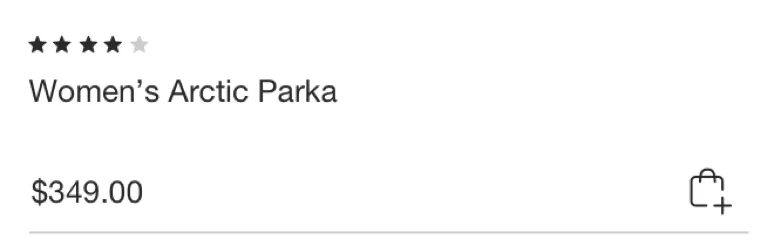 The bottom of a listing card: a four-star rating, then Women’s Arctic Parka and $349.00.