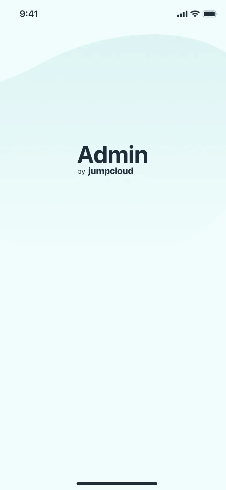 The startup screen: Admin by JumpCloud on a pale teal background, with the cloud loading animation playing below the wordmark.