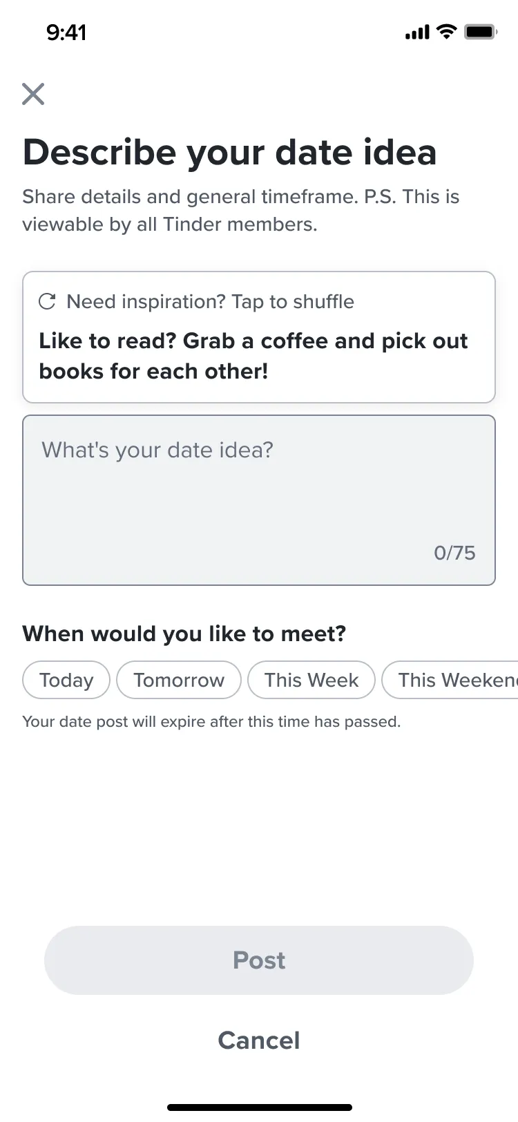 The post screen with a new prompt at the top: Need inspiration? Tap to shuffle. Like to read? Grab a coffee and pick out books for each other!