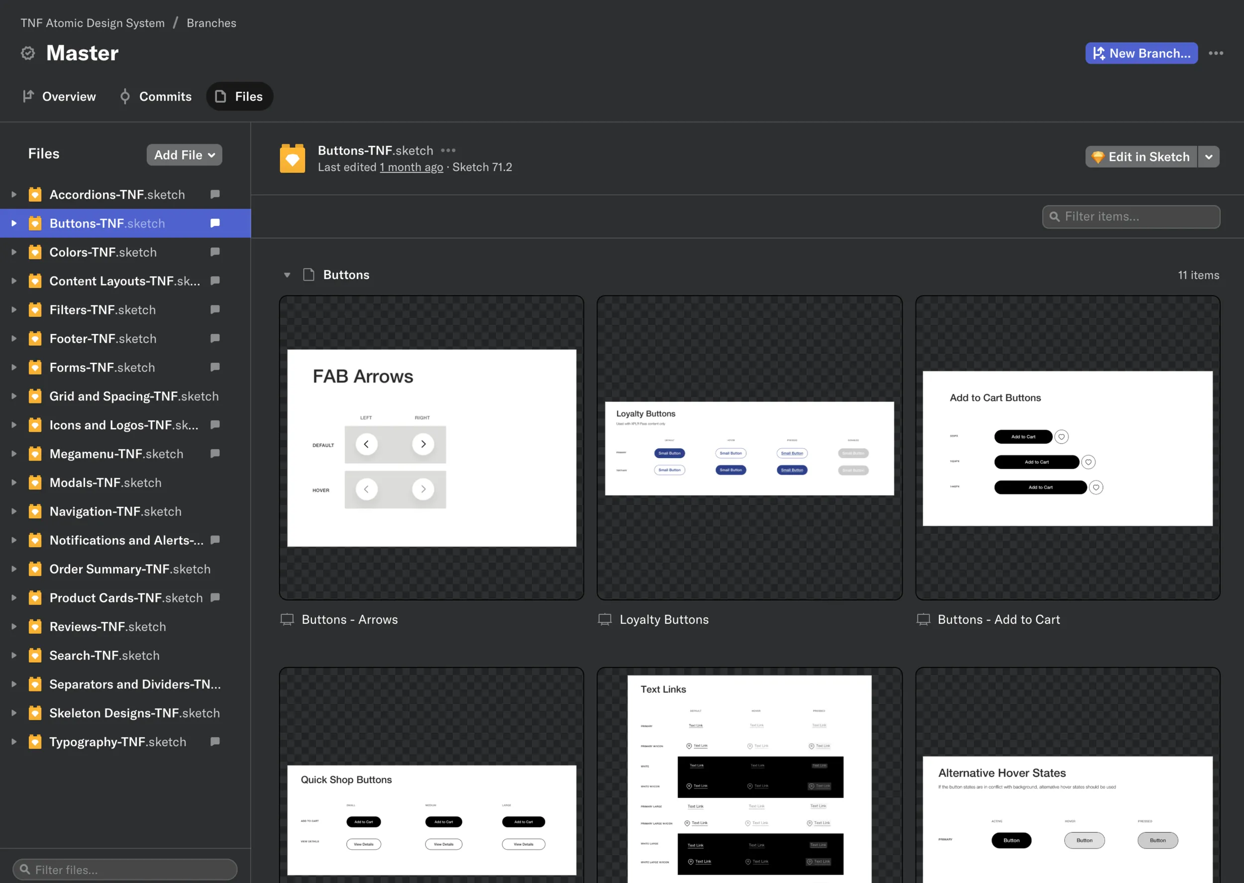The design system in Abstract: a grid of component pages and symbols for The North Face website.