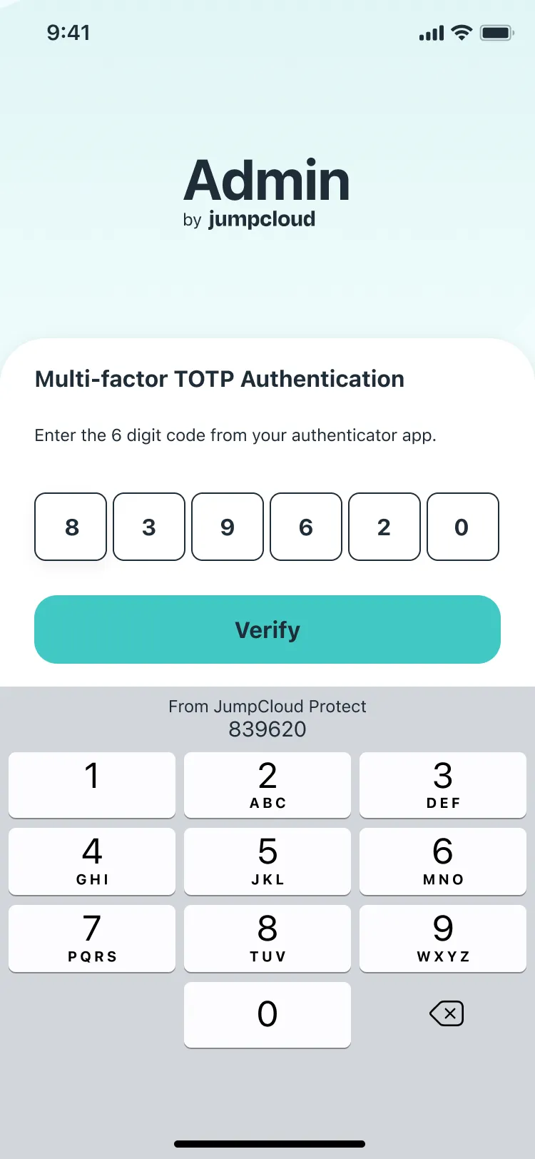 Multi-factor TOTP Authentication: six boxes filled with 839620 and a keyboard suggestion reading From JumpCloud Protect, 839620.